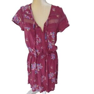 Matilda Jane Casual Art Class Floral Pink Dress Size L Tie Neck Short Sleeve